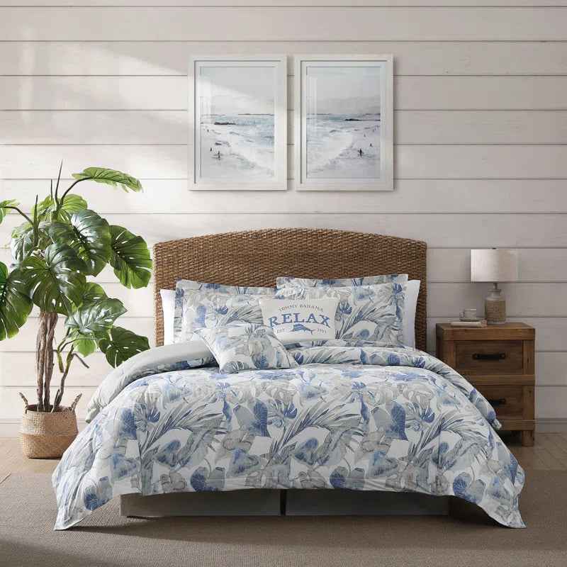 Coast Blue Watercolor Tropical Foliage Cotton Comforter Set - Coastal Bedding with Pillow Shams