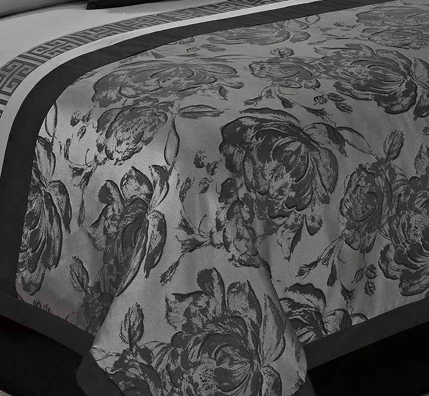 8-Piece Burgundy Jacquard Floral Patchwork Queen Comforter Set - Bedding Ensemble with Bed Skirt, Euro Shams, and Decorative Pillows