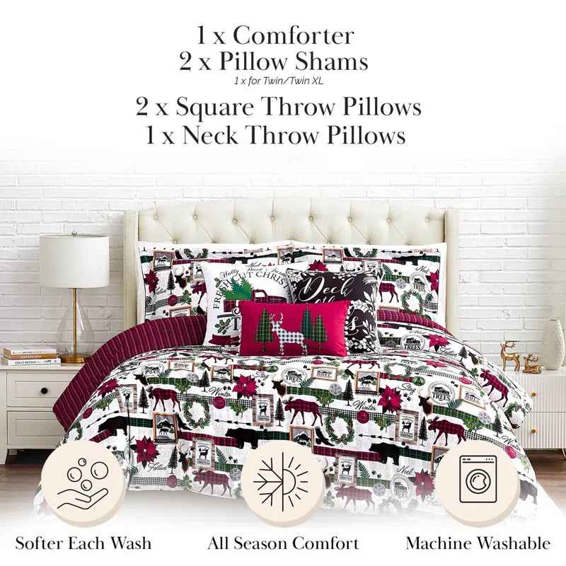 Merry Town White Green and Red Reversible Microfiber Comforter Set - 6 Piece Down Alternative Bedding with Throw Pillows