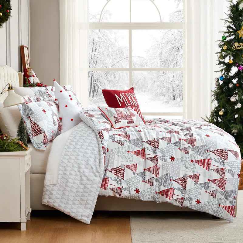 Merry and Bright Reversible Microfiber Comforter Set - Oversized Holiday Bedding with Pillow Shams and Decor Pillows