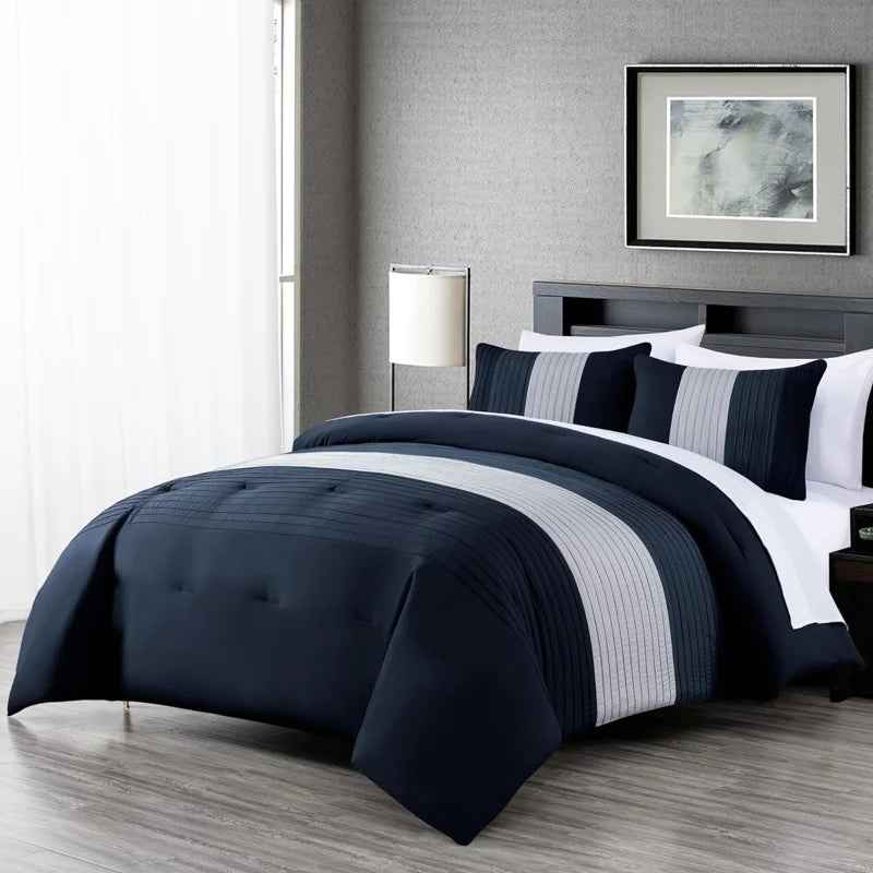 7-Piece Patchwork Pleated Stripe Bed in a Bag Comforter Set - Microfiber Bedding with 15-Inch Deep Pocket Sheets