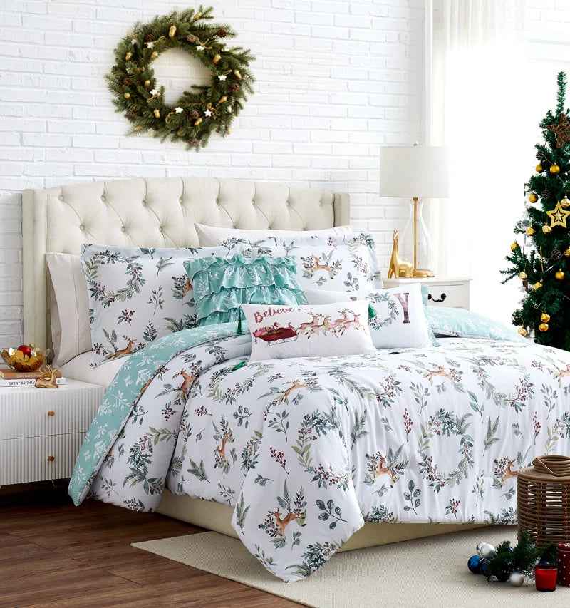 Holiday White and Mint Reversible Microfiber Comforter Set - Soft Down Alternative Bedding with Pillow Shams