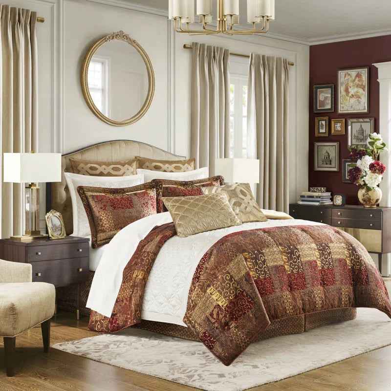 4-Piece Patchwork Chenille Jacquard Comforter Set - Warm Deep-Toned Heavyweight Bedding with Shams and Bed Skirt