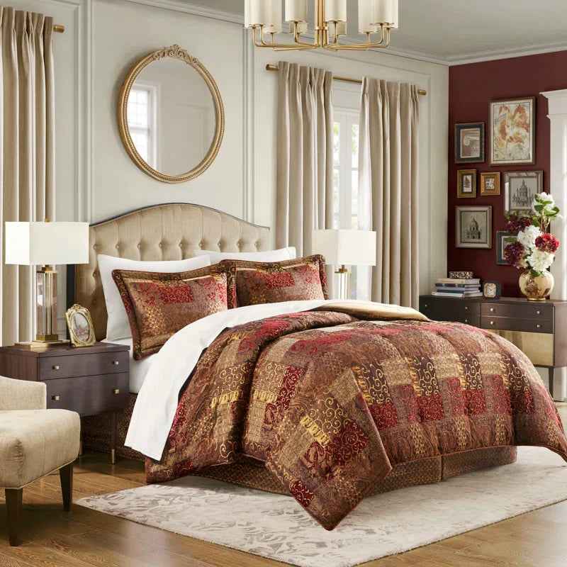 4-Piece Patchwork Chenille Jacquard Comforter Set - Warm Deep-Toned Heavyweight Bedding with Shams and Bed Skirt