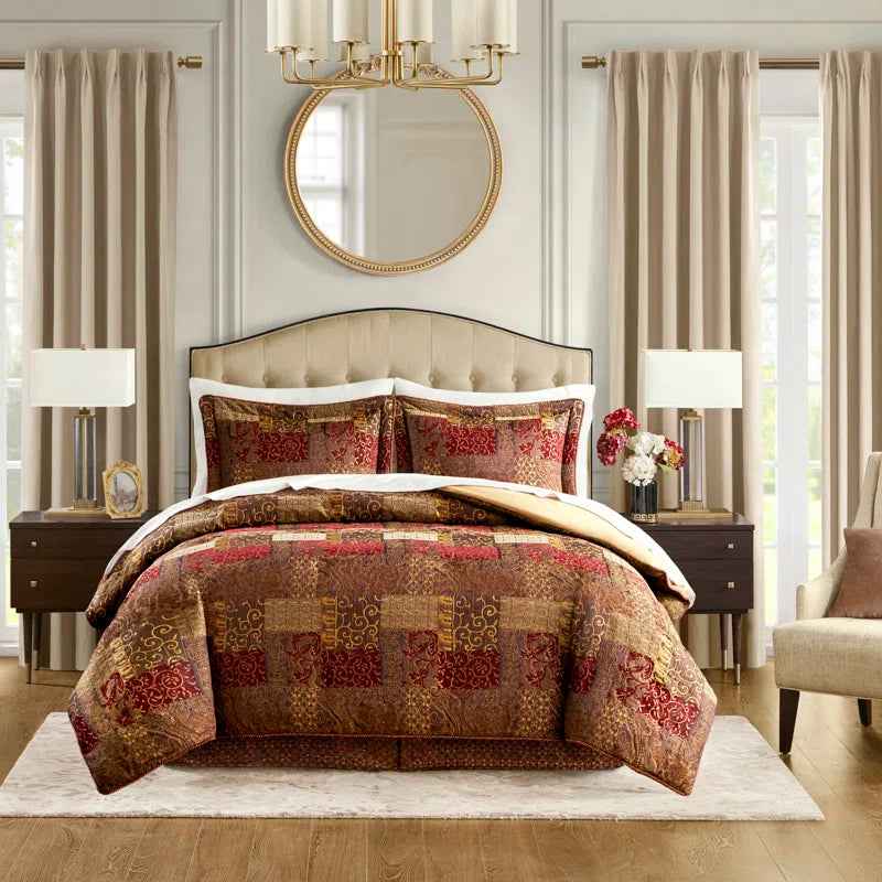 4-Piece Patchwork Chenille Jacquard Comforter Set - Warm Deep-Toned Heavyweight Bedding with Shams and Bed Skirt