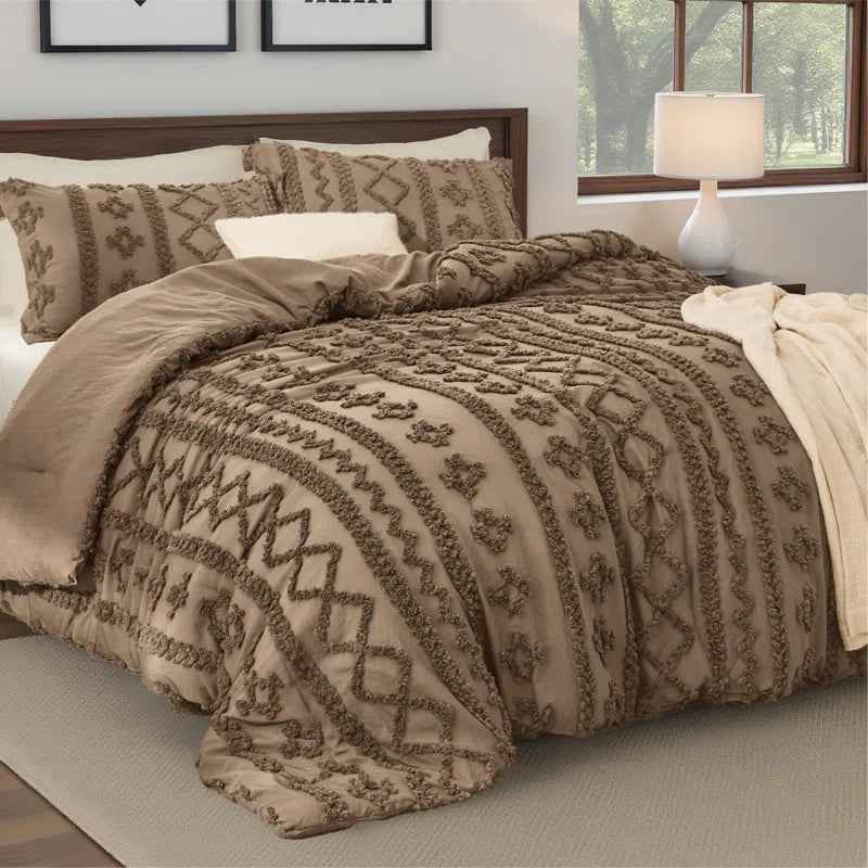 2-Piece Bedsure Beige Tufted Boho Twin Comforter Set - Shabby Farmhouse Jacquard Bedding with Embroidered Shams