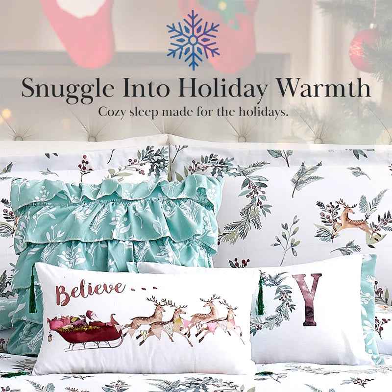 Holiday White and Mint Reversible Microfiber Comforter Set - Soft Down Alternative Bedding with Pillow Shams