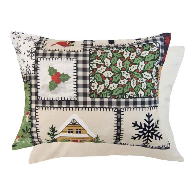 Winter Cottage Reversible Microfiber Holiday Comforter Set - Printed Patchwork Bedding with Pillow Shams