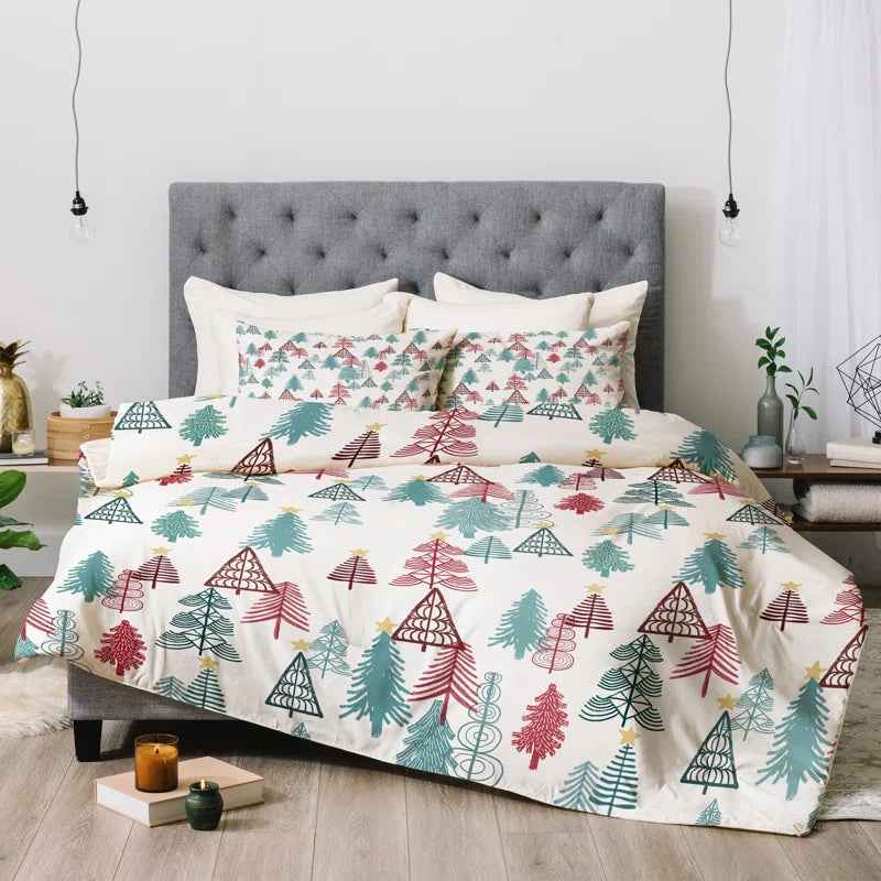 Christmas Tree Pattern Printed Polyester Comforter Set - Soft Holiday Bedding with Cream Backing