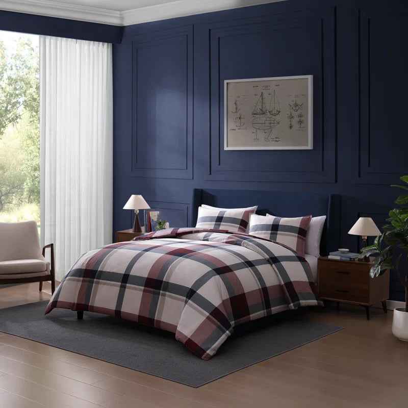 Tommy Hilfiger Prospect Park Plaid 100% Cotton Reversible Comforter Set - Navy Red and Ivory Bedding with Pillow Shams