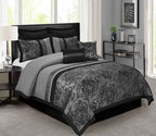 8-Piece Burgundy Jacquard Floral Patchwork Queen Comforter Set - Bedding Ensemble with Bed Skirt, Euro Shams, and Decorative Pillows