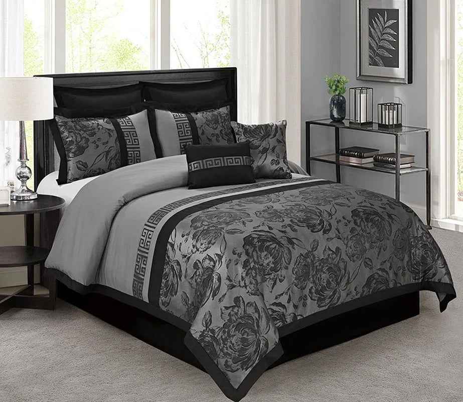 8-Piece Burgundy Jacquard Floral Patchwork Queen Comforter Set - Bedding Ensemble with Bed Skirt, Euro Shams, and Decorative Pillows