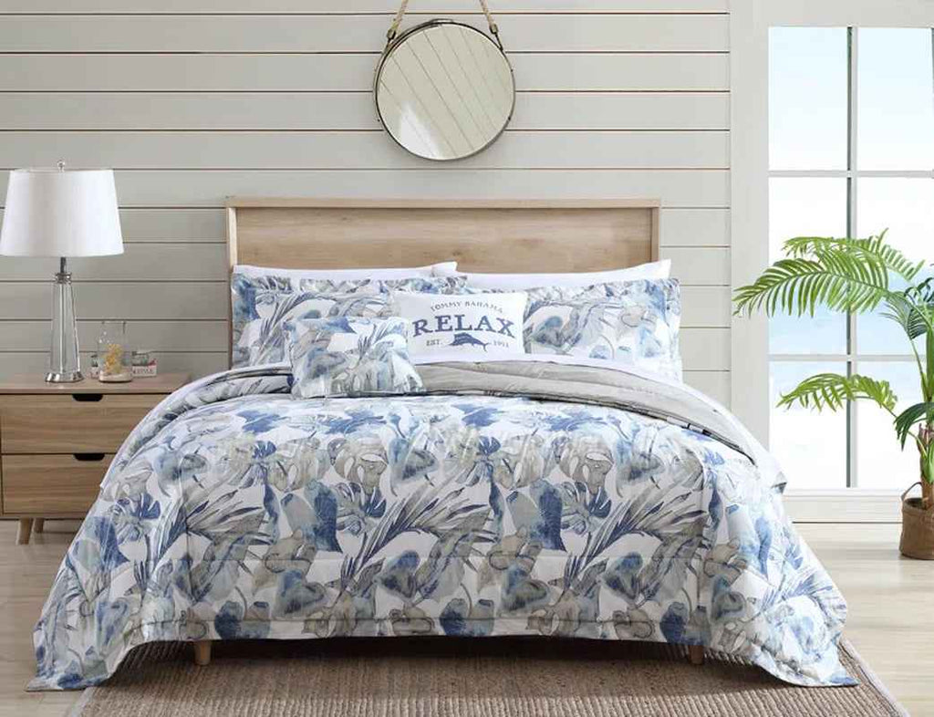 Coast Blue Watercolor Tropical Foliage Cotton Comforter Set - Coastal Bedding with Pillow Shams
