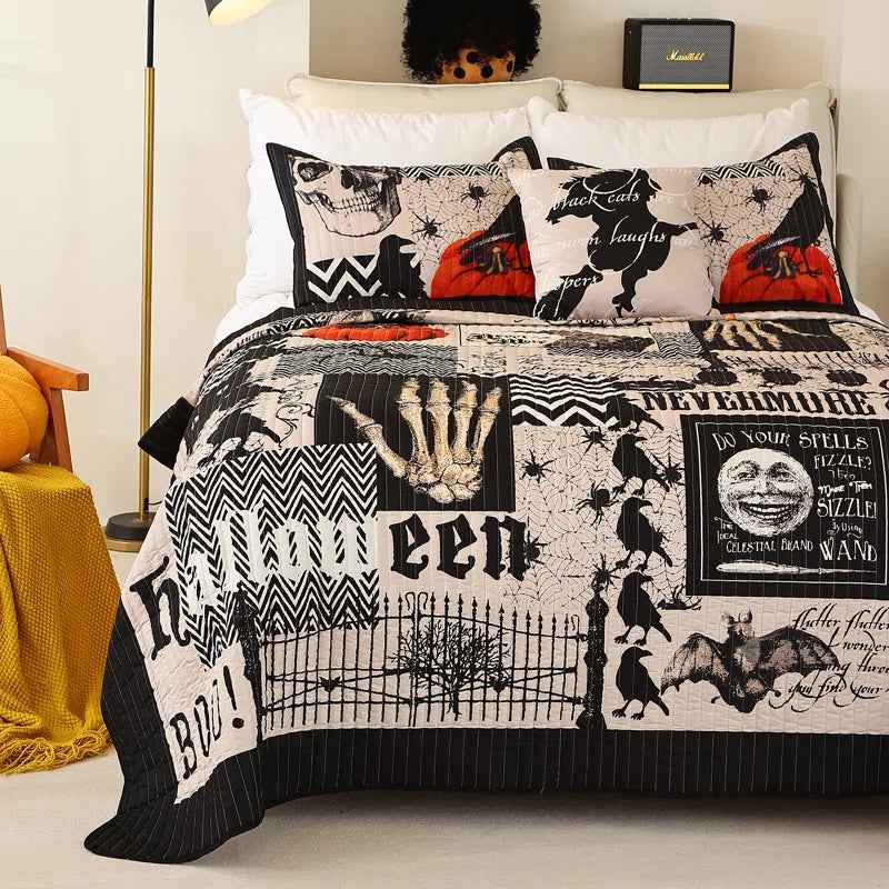 3-Piece Halloween Quilt Set - Festive Spooky Printed Reversible Bedspread with Pillow Shams