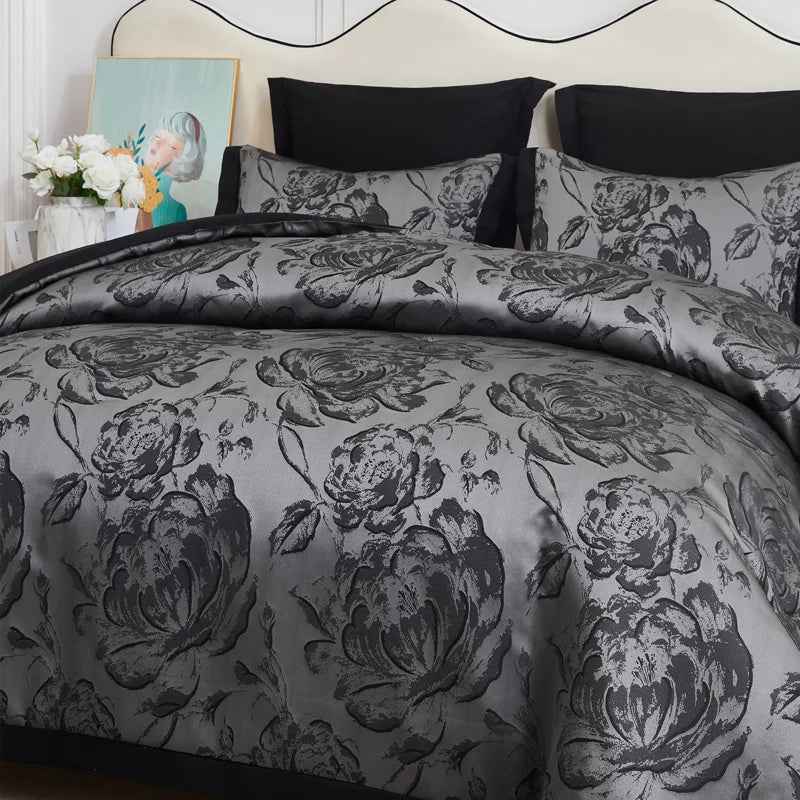 7-Piece Jacquard Floral Patchwork Comforter Set with Curtains - Premium Chinese Floral Bed in a Bag with Euro Shams