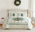 Ivory Christmas Tree Printed Microfiber Comforter Set - Reversible Holiday Bedding with Solid Green Backing