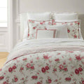 Sofia 100% Cotton Sateen Reversible Floral Comforter Set - Romantic Garden Rose and Ticking Stripe Bedding with Shams