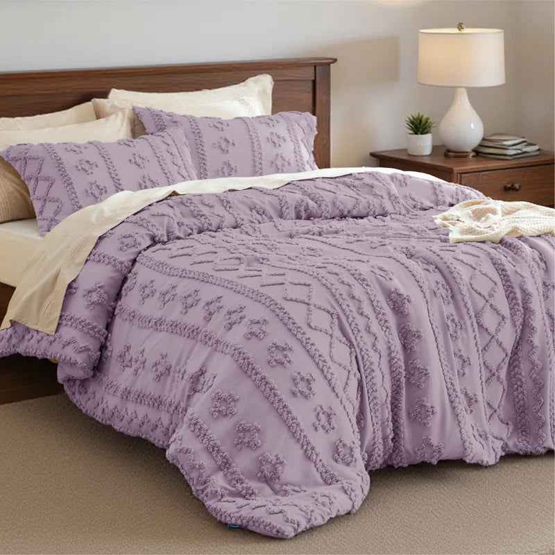2-Piece Bedsure Beige Tufted Boho Twin Comforter Set - Shabby Farmhouse Jacquard Bedding with Embroidered Shams