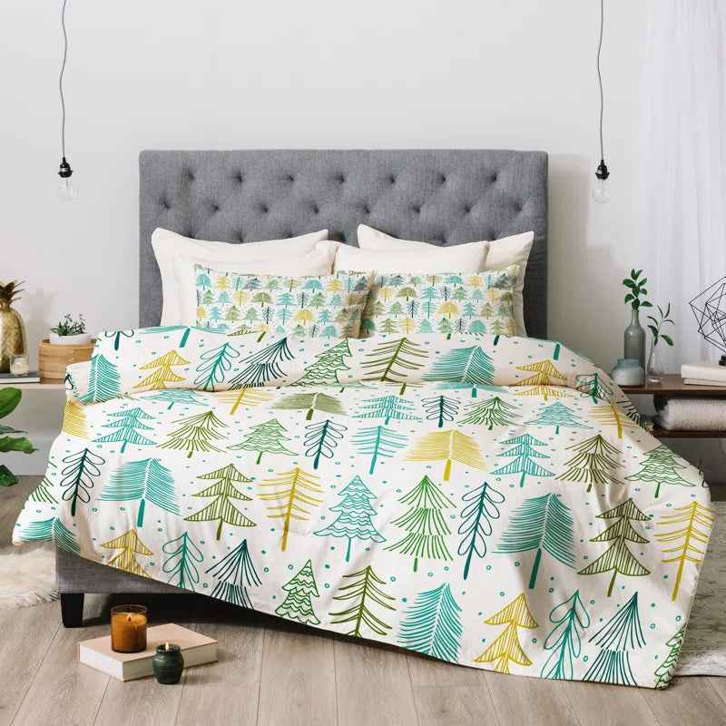 Green & Gold Pine Tree Pattern Printed Polyester Comforter Set - Modern Forest Bedding with Cream Backing