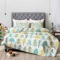 Green & Gold Pine Tree Pattern Printed Polyester Comforter Set - Modern Forest Bedding with Cream Backing