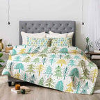 Green & Gold Pine Tree Pattern Printed Polyester Comforter Set - Modern Forest Bedding with Cream Backing