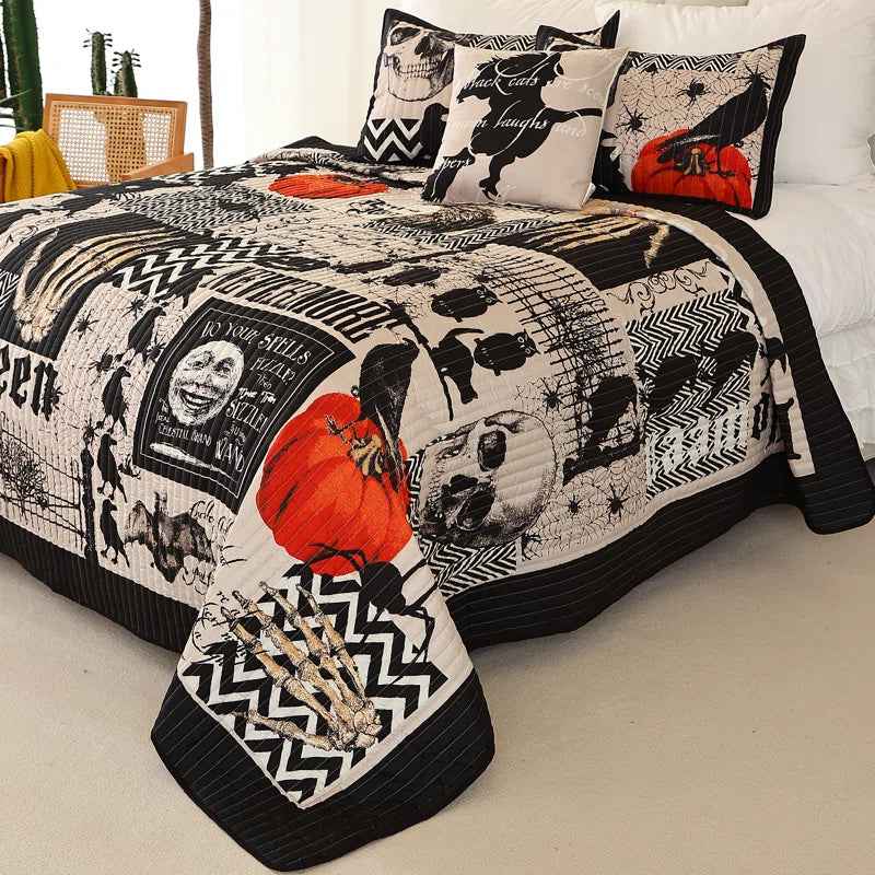 3-Piece Halloween Quilt Set - Festive Spooky Printed Reversible Bedspread with Pillow Shams