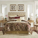 4-Piece Burgundy Chenille Jacquard Comforter Set - Reversible Heavyweight Bedding with Shams and Satin Bed Skirt