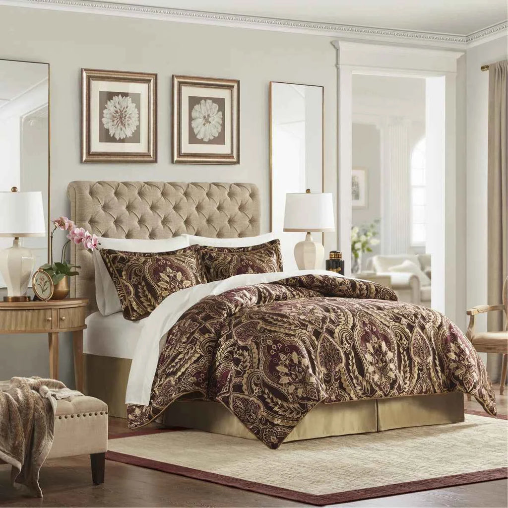 4-Piece Burgundy Chenille Jacquard Comforter Set - Reversible Heavyweight Bedding with Shams and Satin Bed Skirt
