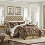 4-Piece Burgundy Chenille Jacquard Comforter Set - Reversible Heavyweight Bedding with Shams and Satin Bed Skirt