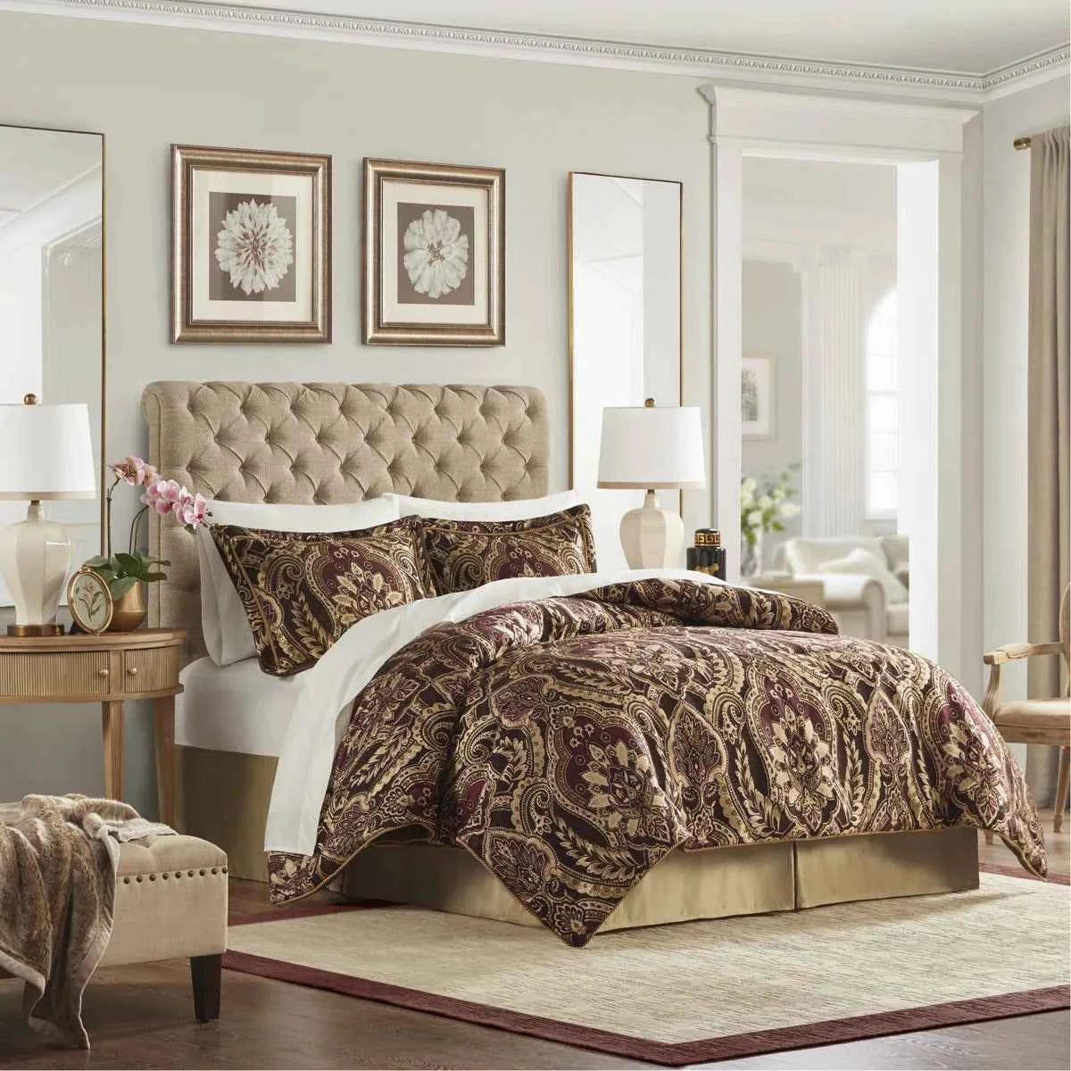 4-Piece Burgundy Chenille Jacquard Comforter Set - Reversible Heavyweight Bedding with Shams and Satin Bed Skirt