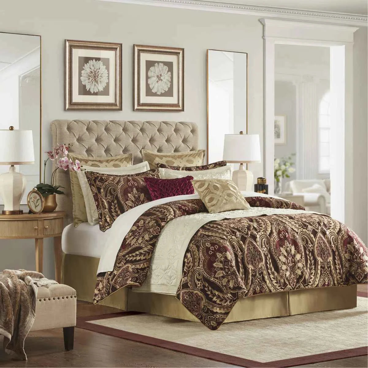 4-Piece Burgundy Chenille Jacquard Comforter Set - Reversible Heavyweight Bedding with Shams and Satin Bed Skirt