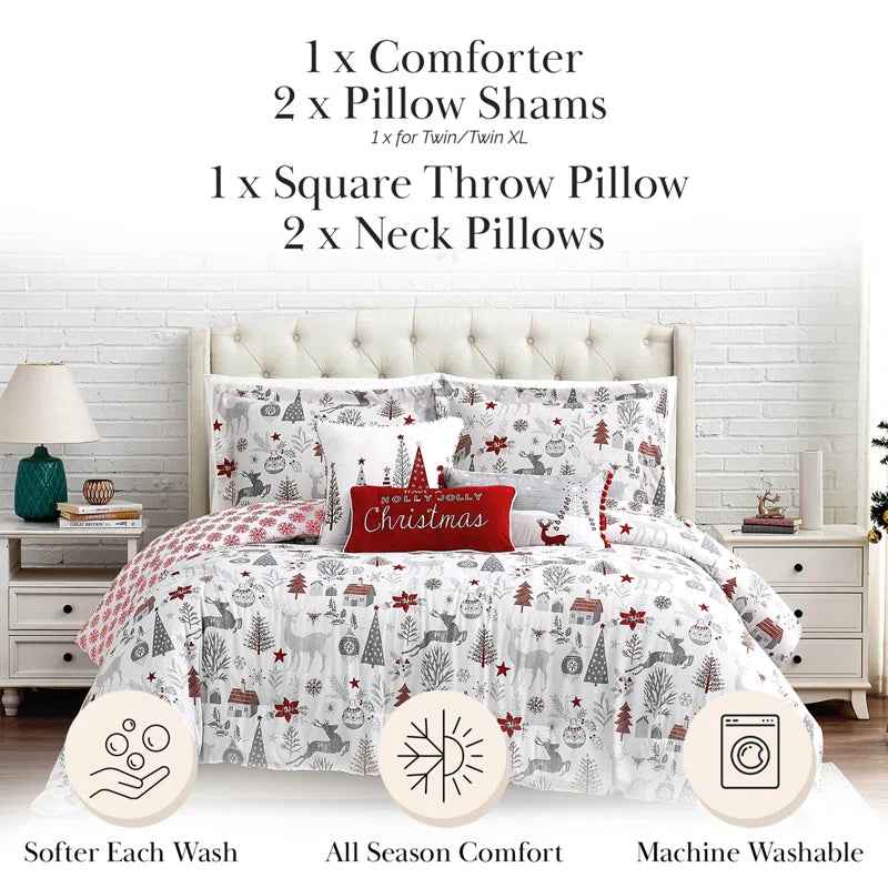 Holly Jolly Red and Gray Reversible Microfiber Comforter Set - 6 Piece Down Alternative Bedding with Throw Pillows