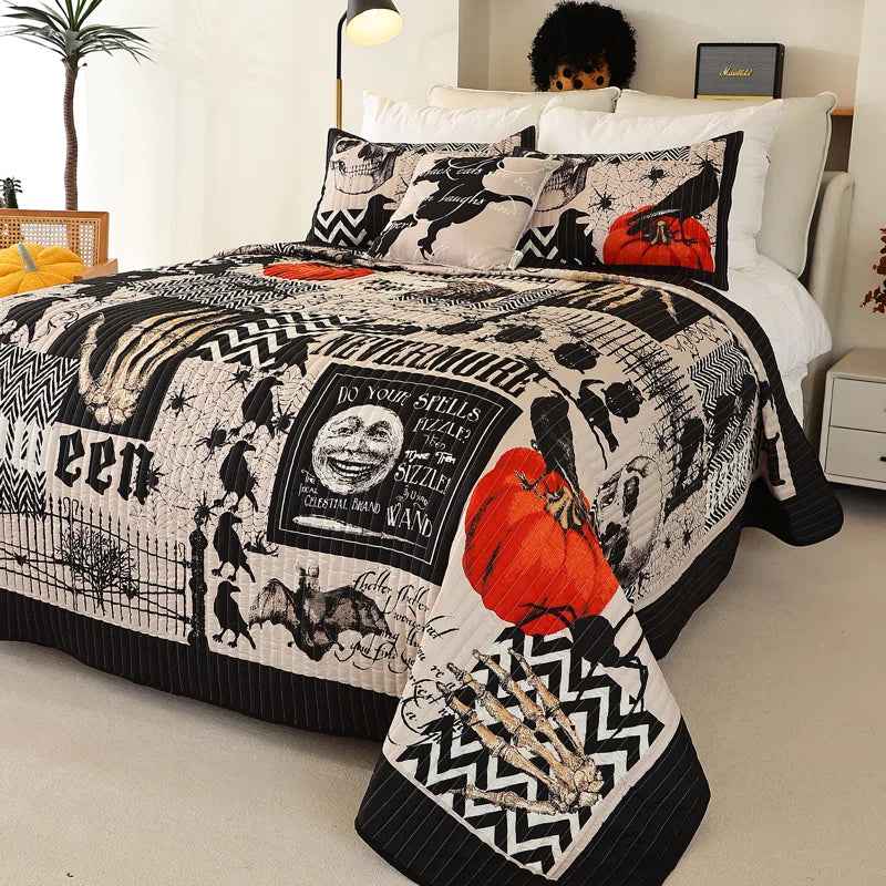 3-Piece Halloween Quilt Set - Festive Spooky Printed Reversible Bedspread with Pillow Shams