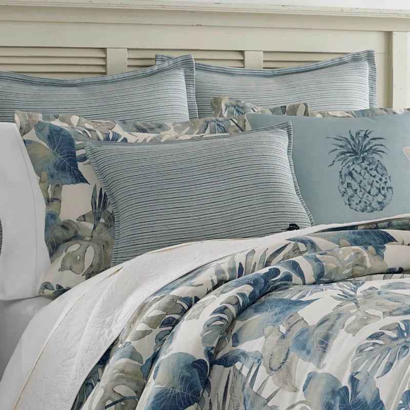 Coast Blue Watercolor Tropical Foliage Cotton Comforter Set - Coastal Bedding with Pillow Shams
