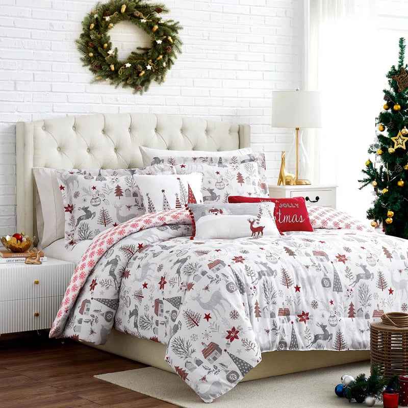 Holly Jolly Red and Gray Reversible Microfiber Comforter Set - 6 Piece Down Alternative Bedding with Throw Pillows