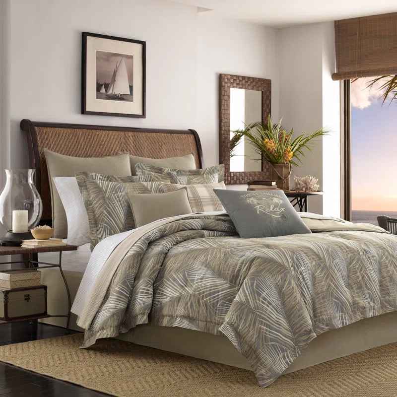 4-Piece Tommy Bahama Raffia Palms Brown Tropical Cotton Comforter Set - Reversible Slub Bedding with Bed Skirt and Shams