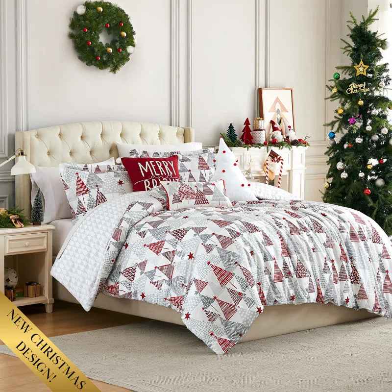 Merry and Bright Reversible Microfiber Comforter Set - Oversized Holiday Bedding with Pillow Shams and Decor Pillows