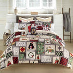 Winter Cottage Reversible Microfiber Holiday Comforter Set - Printed Patchwork Bedding with Pillow Shams