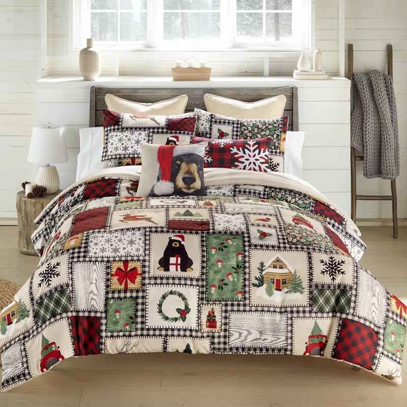 Winter Cottage Reversible Microfiber Holiday Comforter Set - Printed Patchwork Bedding with Pillow Shams