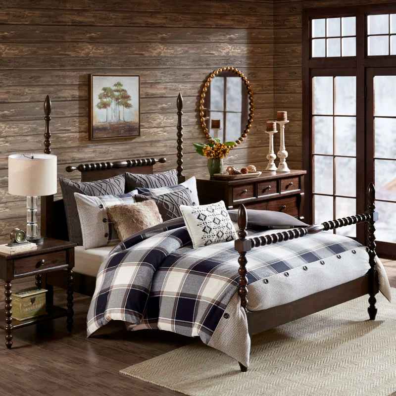 8-Piece Cotton Jacquard Plaid Comforter Set with Removable Insert - Urban Cabin Neutral Farmhouse Bedding with Euro Shams