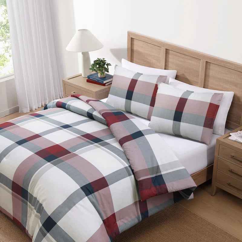 Tommy Hilfiger Prospect Park Plaid 100% Cotton Reversible Comforter Set - Navy Red and Ivory Bedding with Pillow Shams