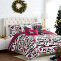 Merry Town White Green and Red Reversible Microfiber Comforter Set - 6 Piece Down Alternative Bedding with Throw Pillows