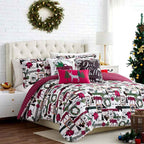 Merry Town White Green and Red Reversible Microfiber Comforter Set - 6 Piece Down Alternative Bedding with Throw Pillows
