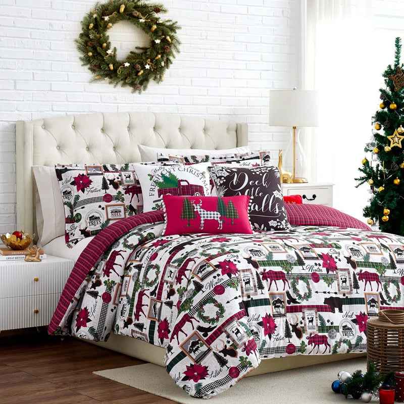 Merry Town White Green and Red Reversible Microfiber Comforter Set - 6 Piece Down Alternative Bedding with Throw Pillows