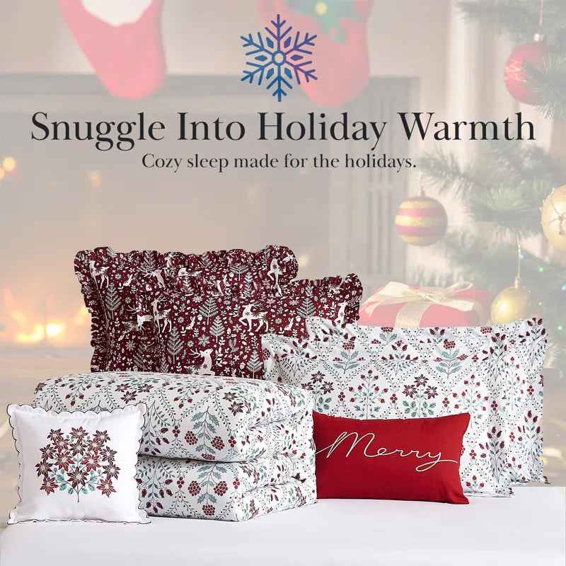 Holiday Harmony Reversible Microfiber Comforter Set - Oversized Winter Bedding with Pillow Shams and Decor Pillows
