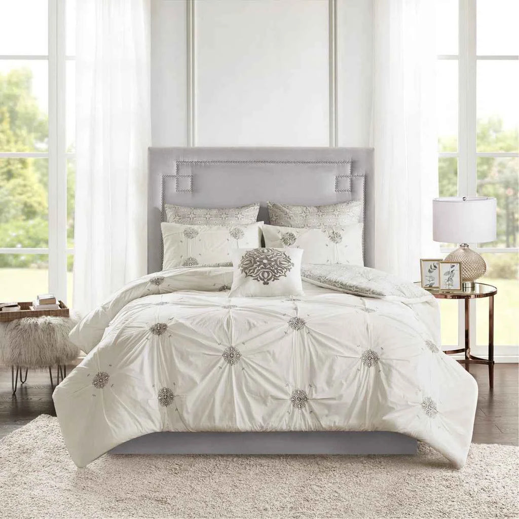 6-Piece Tufted Embroidered Cotton Reversible Comforter Set - Ivory Medallion Bedding with Euro Shams and Decor Pillow