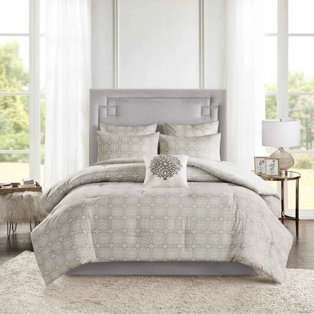 6-Piece Tufted Embroidered Cotton Reversible Comforter Set - Ivory Medallion Bedding with Euro Shams and Decor Pillow