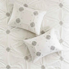 6-Piece Tufted Embroidered Cotton Reversible Comforter Set - Ivory Medallion Bedding with Euro Shams and Decor Pillow