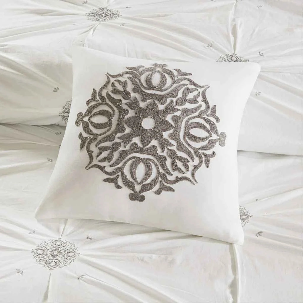 6-Piece Tufted Embroidered Cotton Reversible Comforter Set - Ivory Medallion Bedding with Euro Shams and Decor Pillow