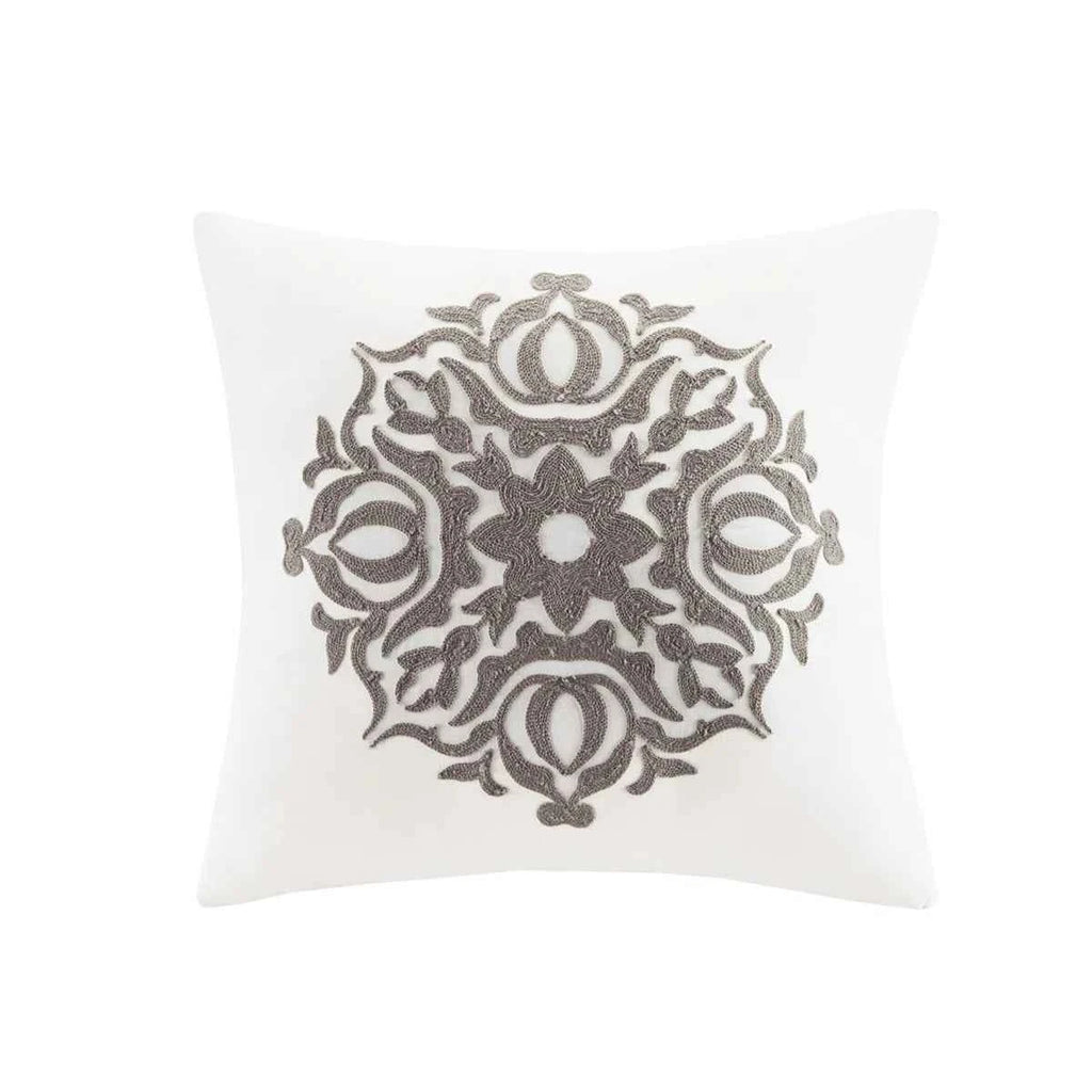 6-Piece Tufted Embroidered Cotton Reversible Comforter Set - Ivory Medallion Bedding with Euro Shams and Decor Pillow